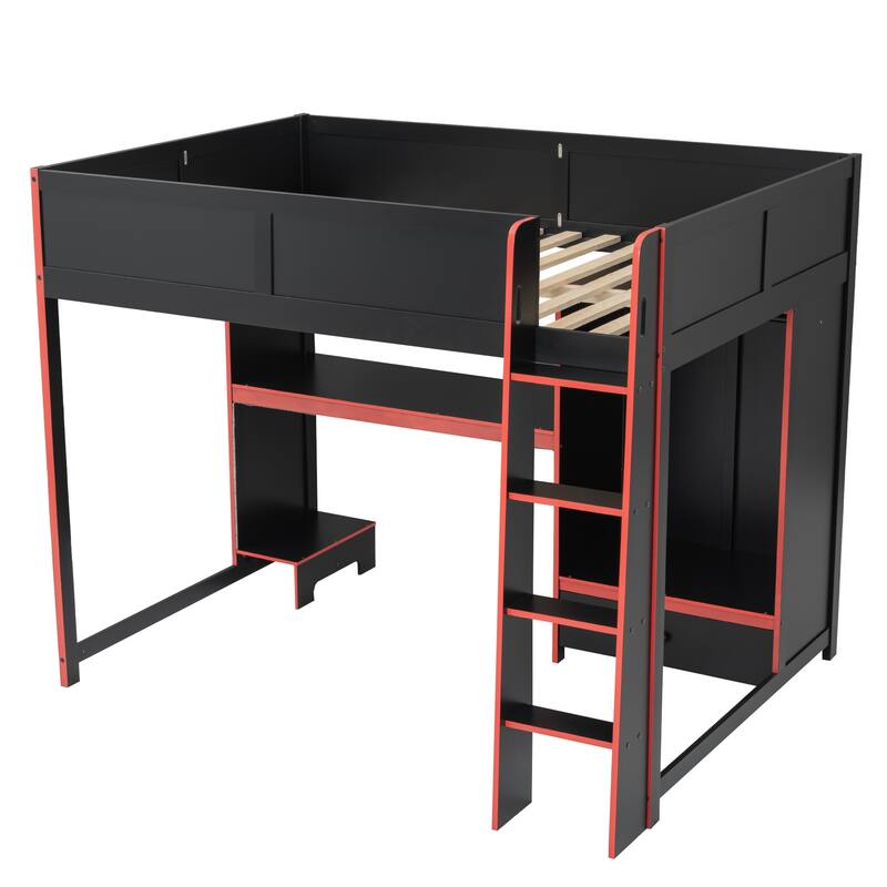 Roomfitters Gaming Loft Bed with Desk and Wardrobe, Space-Saving Gamer Station with Modern Frame, Black