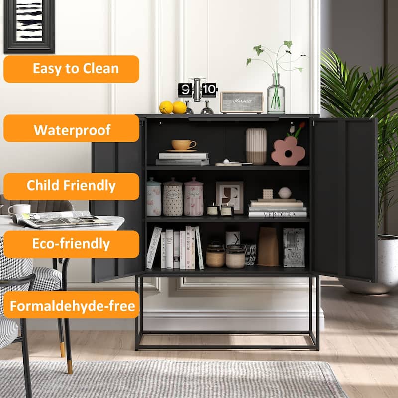 Heavy Duty Metal Buffet Sideboard Modern Steel Storage Cabinet with 2 Shelves, Free Standing