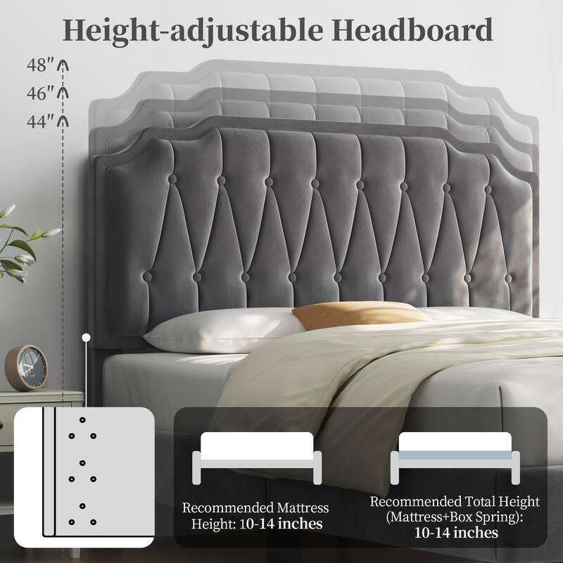 Yaheetech Wooden Slat Support Bed Frame with Button Tufted Headboard
