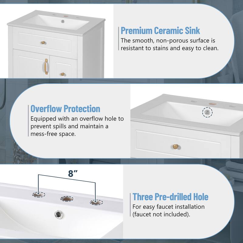 24-Inch Bathroom Vanity With Ceramic Sink, 1 Soft Close Door, 2 Soft Close Drawers, And Double Storage Racks On The Door
