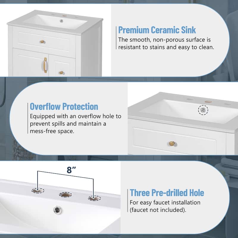 24-Inch Bathroom Vanity with Ceramic Sink, 1 Soft Close Door, 2 Soft Close Drawers, and Double Storage Racks on the Door