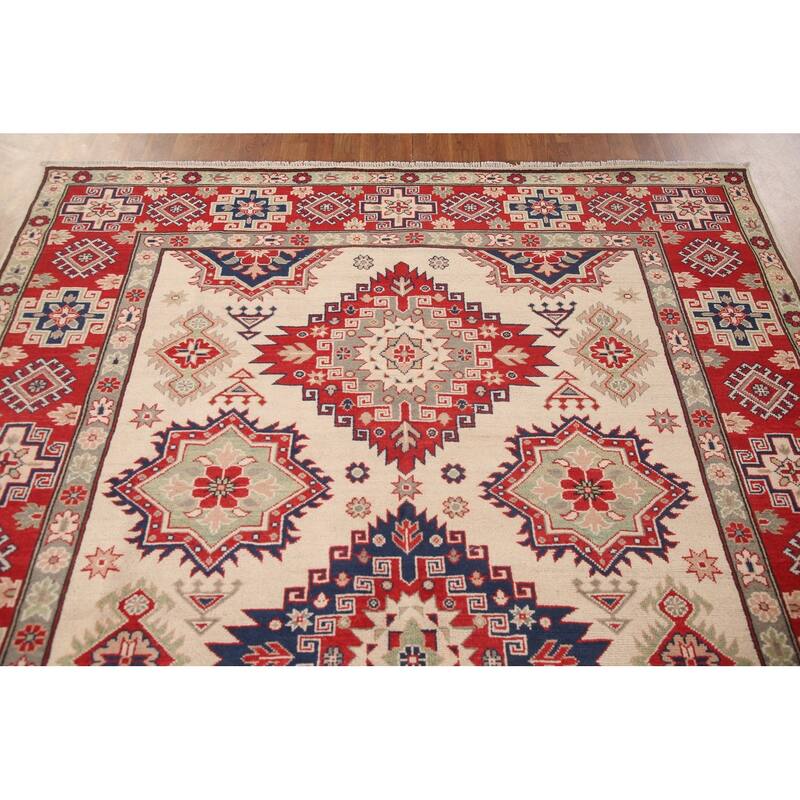 Geometric Kazak Area Rug Hand-Knotted Living Room Wool Carpet - 6'11" x 9'9"