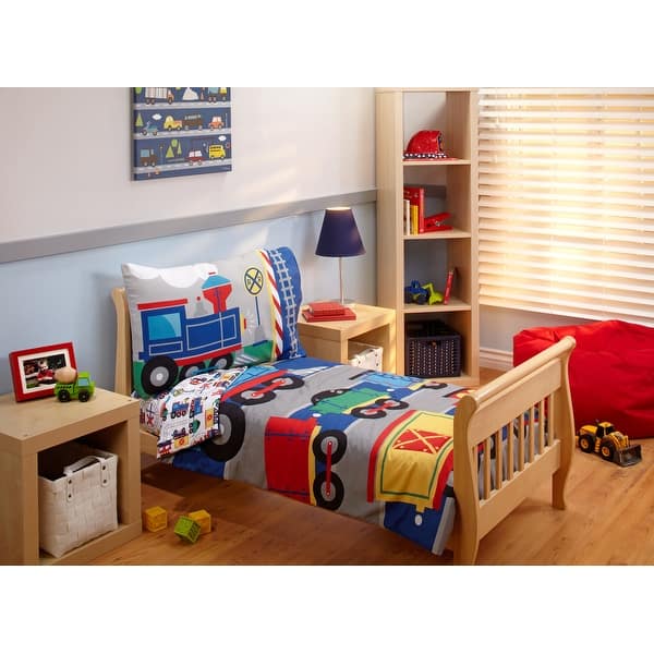 slide 2 of 5, Everything Kids Choo Choo Train, Railroad, Navy, Yellow, Orange and Grey 4 Piece Toddler Bed Set