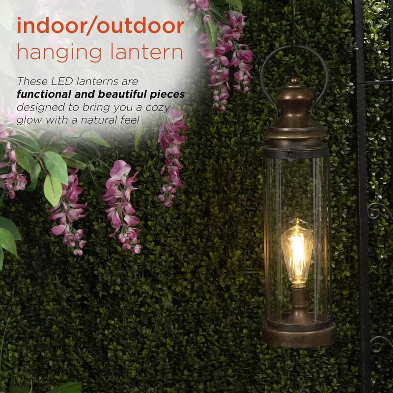 Gold Metal and Glass Lantern with Warm White LED- Large