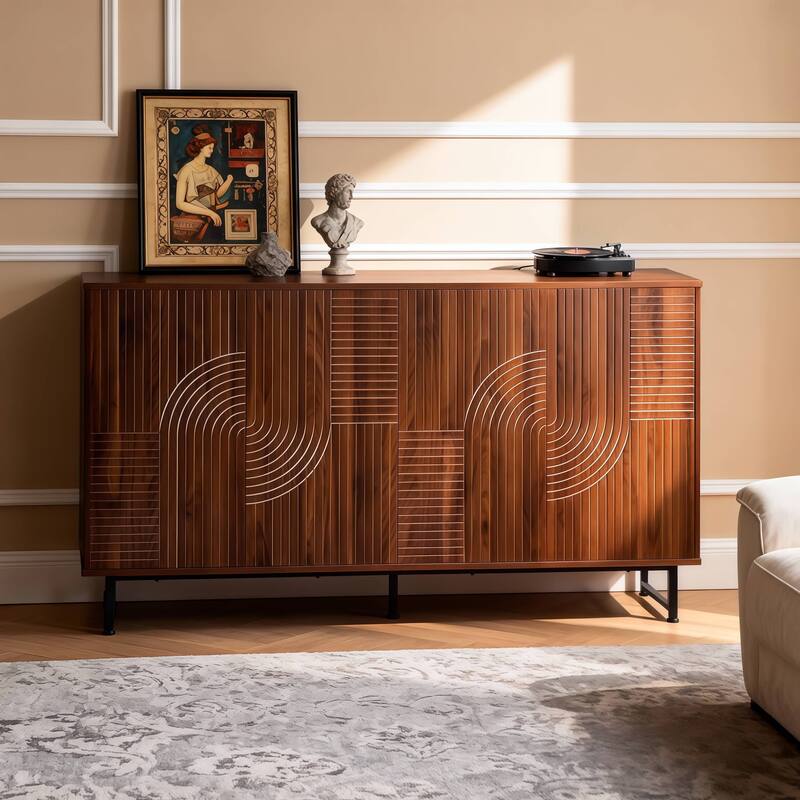 Rossetta Mid-Century Modern Design Multi-Purpose Grain-Carved Buffet Cabinet with Spacious Storage Space