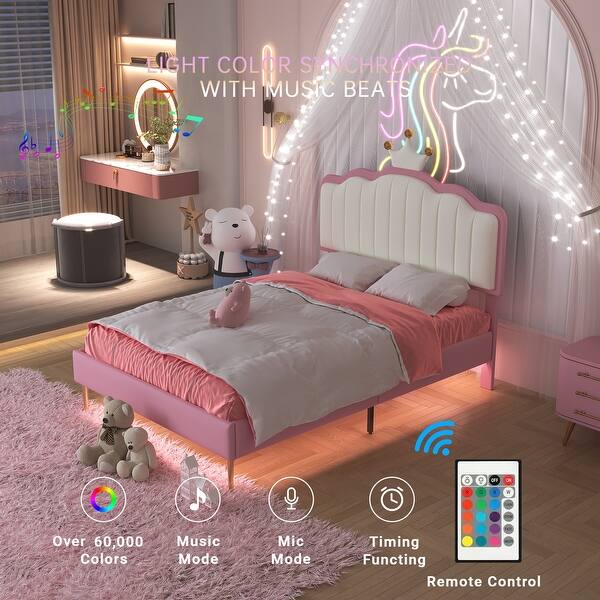 slide 2 of 15, Upholstered Princess Bed With Crown Headboard, Platform Bed with with Light Strips Pink