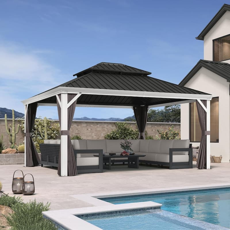 PURPLE LEAF Patio Hardtop Gazebo Pro for Outdoor Grey Galvanized Steel Double Roof White Aluminum Poles