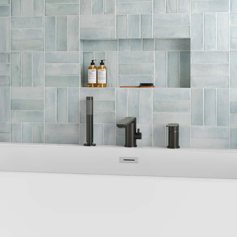 Modern Tub Filler with Hand Sprayer Deck Mount Tub Faucet with Hand Shower 3 Holes Bathtub Faucet Brass