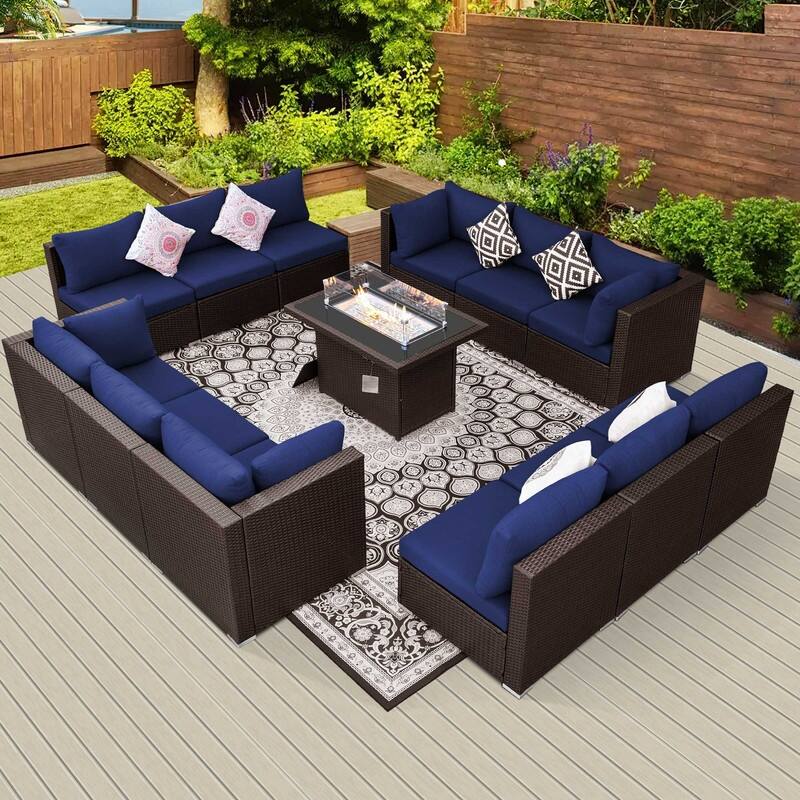 FINCATI Outdoor Wicker Patio Furniture Conversation Sectional Sofa Set - 13 PCS - Navy Blue