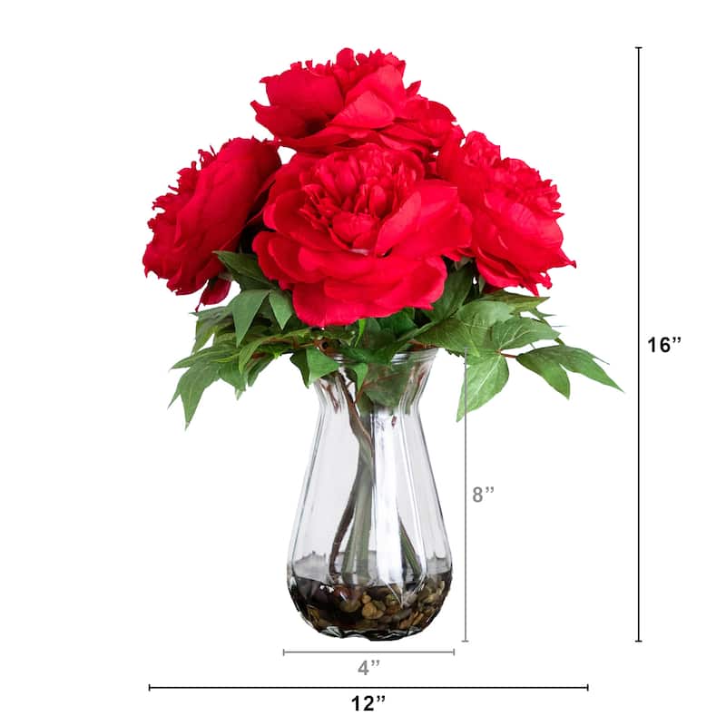 Peony Floral Artificial Arrangement with Glass Vase - 16" - Red and Green
