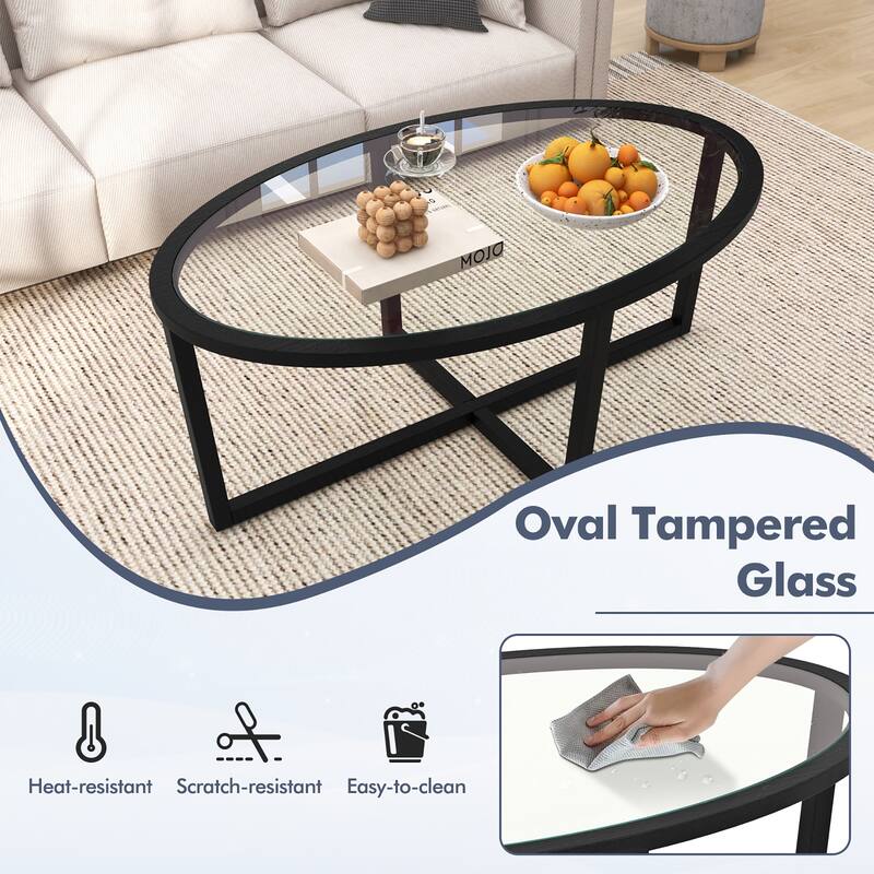 Gymax Modern Glass Coffee Table w/ Cross Base & Acacia Wood Legs for