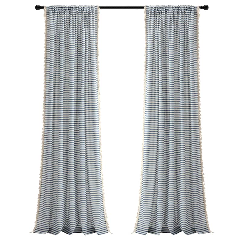 Lush Decor Boho Coastal Horizontal Ticking Stripe Tassel Window Curtain Panels