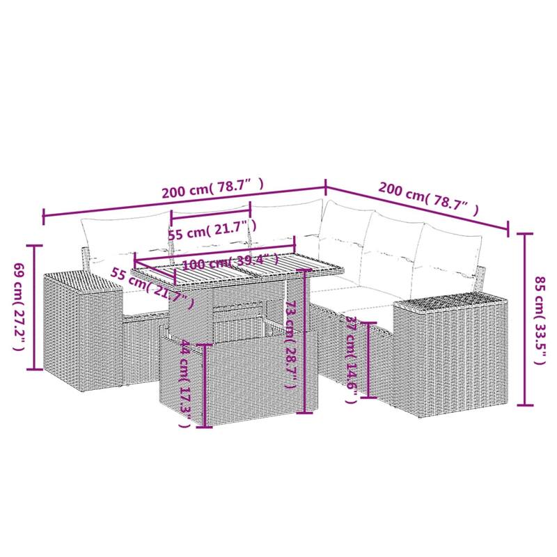 vidaXL Patio Sofa Set with Cushions Sofa Modules Outdoor 6 Piece Poly Rattan - 21.7 x 39.4 x 28.7
