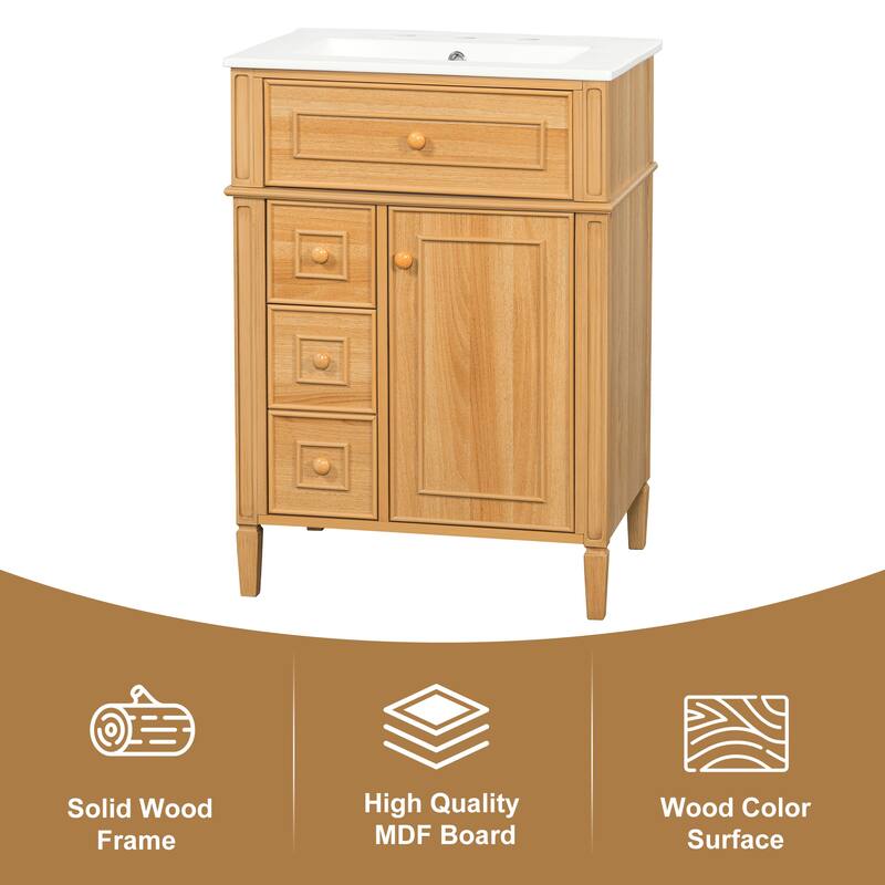 24" Bathroom Vanity with Sink - Wood Cabinet with Flip-Out Drawer, 2 Soft-Close Drawers & Door, Solid Wood & MDF