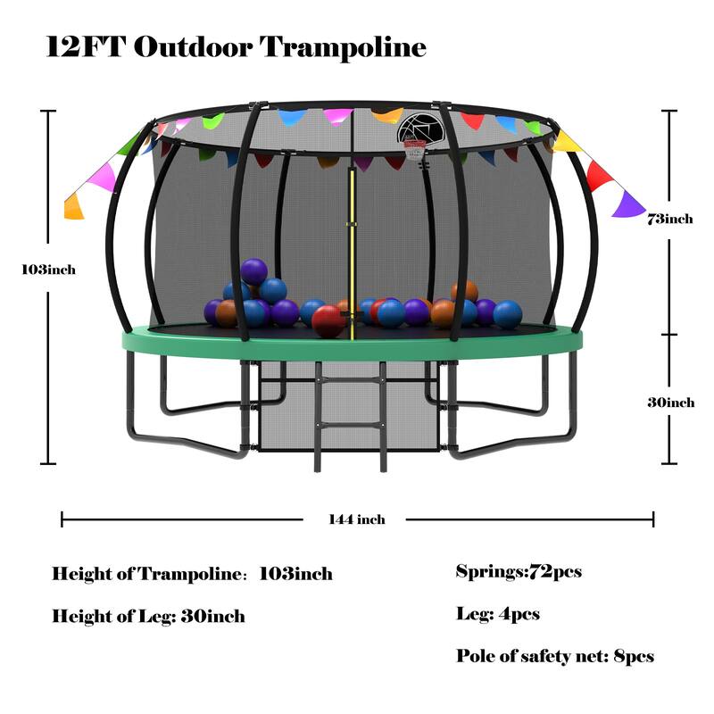 12FT Recreational Kids Trampoline with Safety Enclosure Net & Ladder, and flag parts, Outdoor Recreational Trampolines