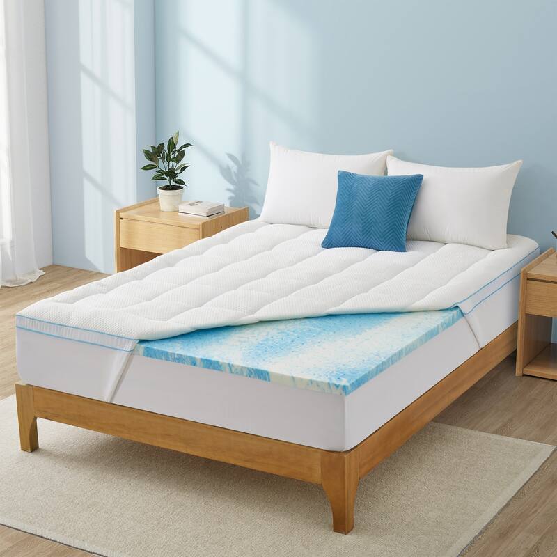 Cooling Gel Memory Foam Mattress Topper, Dual Layer Quilted Comfort with Cool Touch Fabric