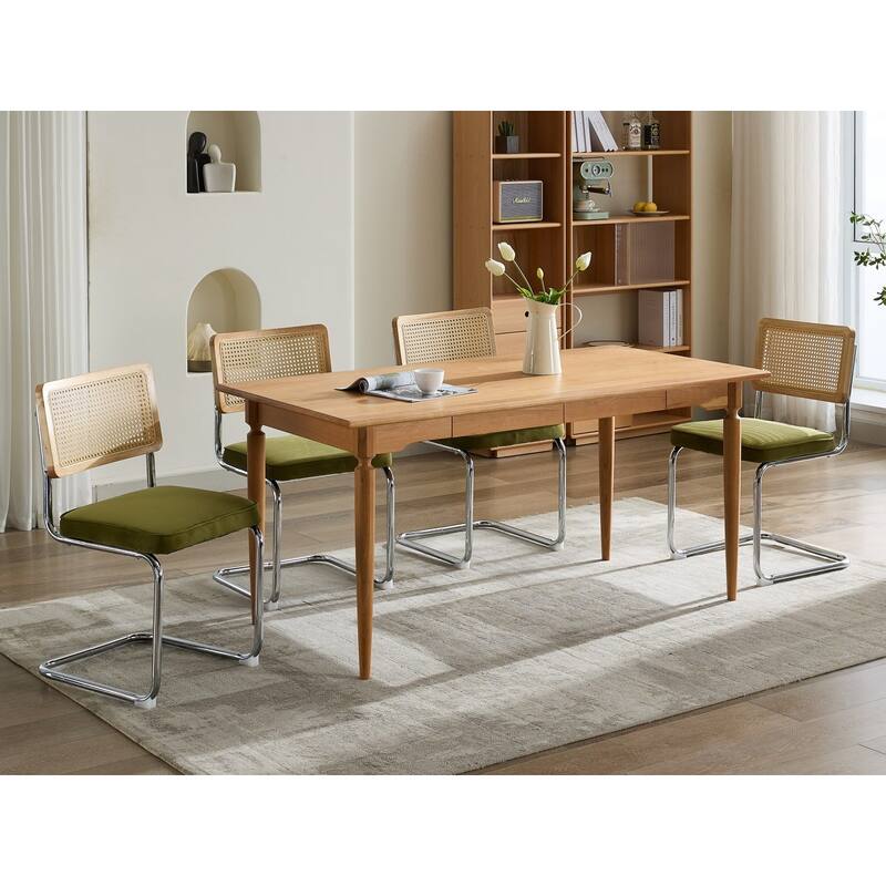 GDF Studio - Mid-Century Linen Dining Chairs with Natural Rattan Cane Back & Chrome Cantilever Base, Set of 2