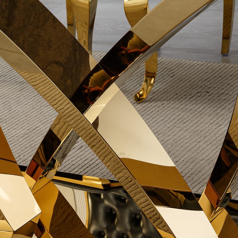 70'' Rectangle Faux Marble Dining Table with Mirrored Finish Stainless Steel Base - Grey+Gold