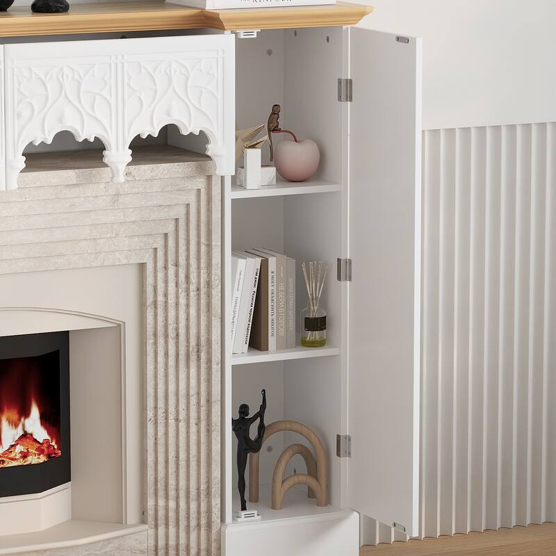 Solid Pine Wood Fireplace Mantel Cabinet with Hidden Storage – White Decorative Console