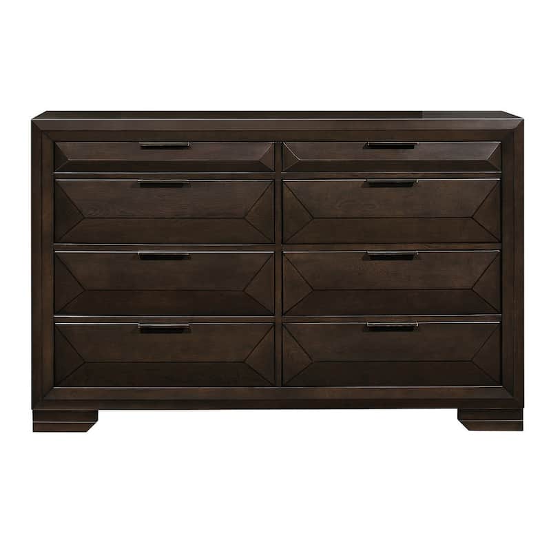 Amelie 59 Inch Dresser, 8 Drawers, Bronze Handles, Warm Espresso Brown Wood