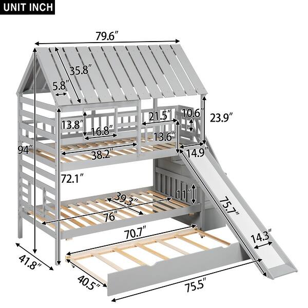 Twin over Twin House Bunk Bed with Trundle and Slide, Storage Staircase, Roof and Window Design, Gray