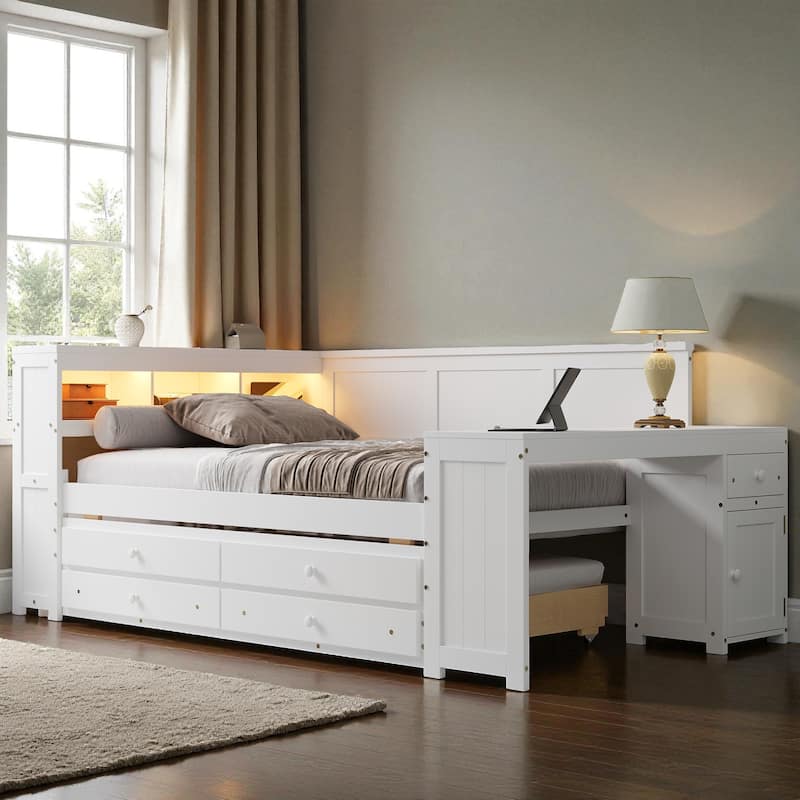 Full Size Daybed with Storage Shelves, Drawers, Trundle, Desk, Cabinet, LED Light and Charging Station, Pine Wood Frame - White - Full