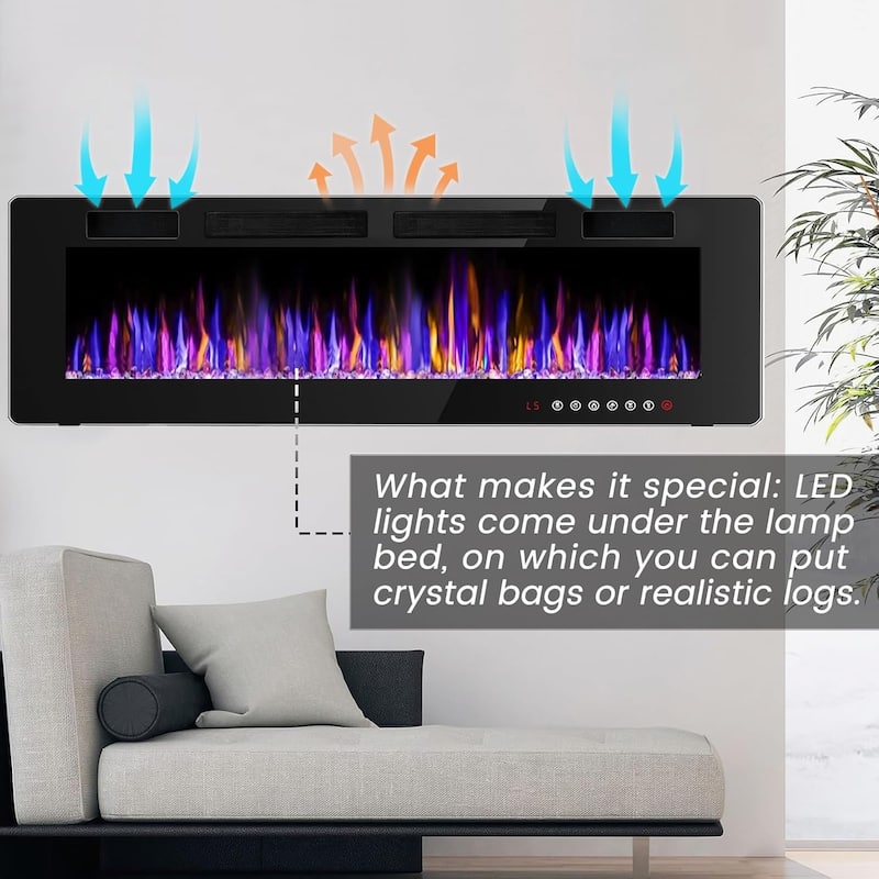 BOSSIN Electric Fireplace Wall Mounted and Recessed with Remote Control, 750/1500W Ultra-Thin Wall Fireplace Heater, Low Noise