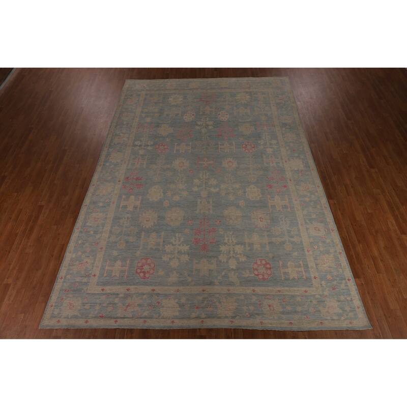 Blue Oushak Vegetable Dye Turkish Large Rug Hand-Knotted Wool Carpet - 9'9"x 13'11"