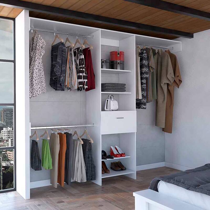 Closet System, Five Open Shelves, One Drawer, Three Metal Rods - White