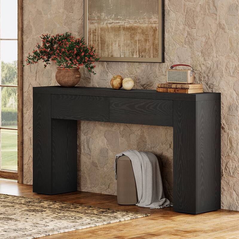 63-Inch Wooden Console Table with 2 Hidden Drawers, Sofa Table for Living Room, Hallway, Entrance, Foyer