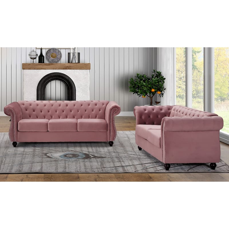 Antoinette Chesterfield 2-Piece Set- Sofa & Loveseat - Pink