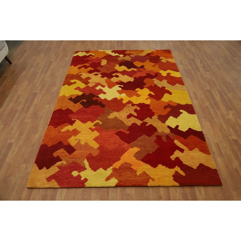 Hand Knotted Oriental 100% Wool Carpet Modern Geometric Oranges & Rust Gabbeh Area Rug - 9' 7'' X 6' 4''