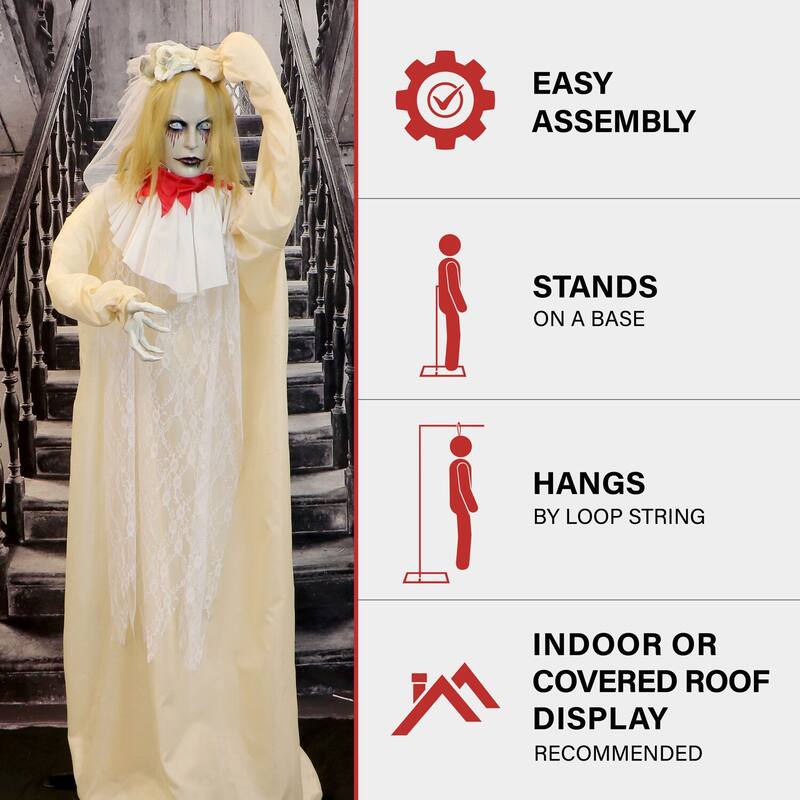 Haunted Hill Farm Poppy the Animatronic Zombie Bride with Pop-Up Head and Light-Up Eyes for Scary Halloween Decoration