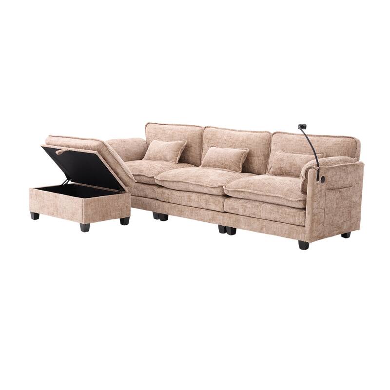 Modern Chenille Chaise Couch L-shaped Sectional Sofa with Storage Ottoman, Phone Holder, USB/Type-C Ports and Side Pockets
