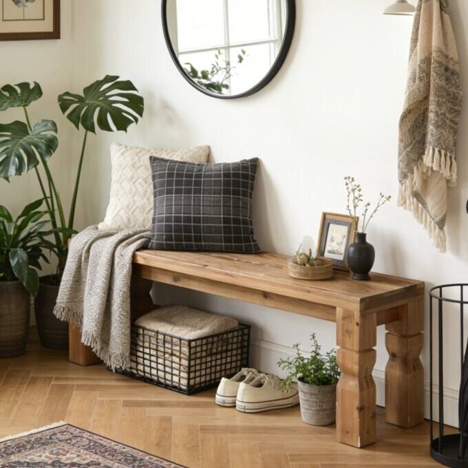 55" Solid Wood Entryway Bench, Rustic Shoe Bench for Entrance, Bedroom