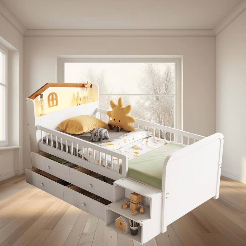 Kids Twin Low Loft Platform Bed with LED Lights, House-Shaped Headboard and Storage Drawers, Safe, Sturdy, and Space-Saving - White - Twin