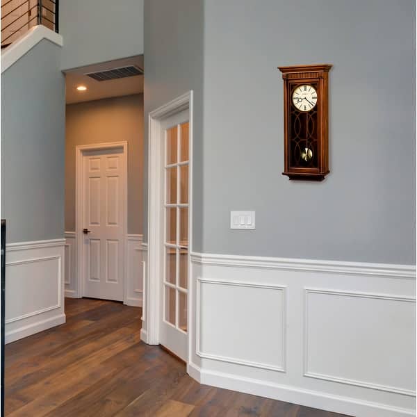 slide 3 of 2, Howard Miller Kathryn Grandfather Clock Style Chiming Wall Clock with Pendulum, Charming, Vintage, Old World, Classic Design Cherry