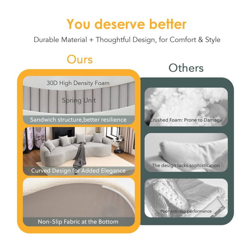 Modular Curved Sectional Sofa, Full Compression 4-Seater Foam Couch, Chenille Boneless Cloud Sofa for Living Room, Bedroom