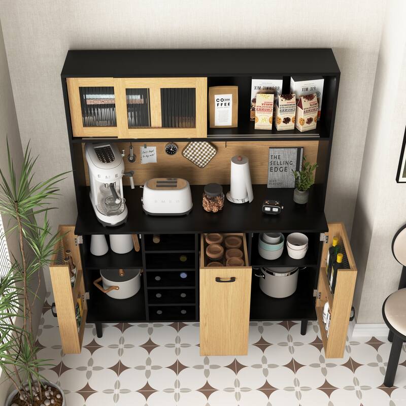 Multi-Functional Pantry Storage Sideboard Buffet Cabinet with Wine Rack, Storage Doors, and Power Outlet for Living Dining Room