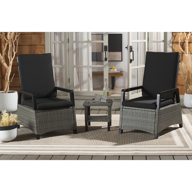 SAFAVIEH Outdoor Patio Furniture Herman Recliner 3-Piece Set - 22"W x 22"D x 42"H - Grey Brown/Black