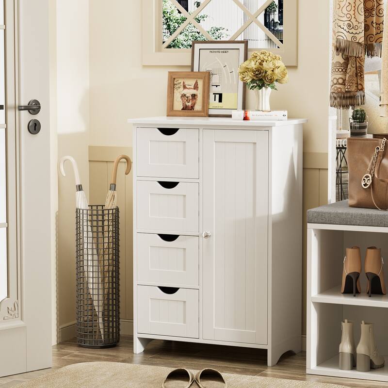 Homall Wooden Bathroom Cabinet, Freestanding Storage Cabinet with 4 Drawers and 1 Cupboard - White