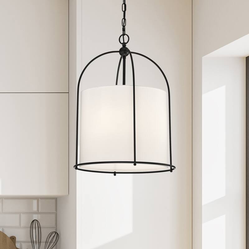 Matte Black Finish 3-Light 18 in. Cage Chandelier with White Fabric Shade