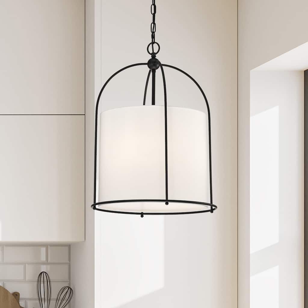 Matte Black Finish 3-Light 18 in. Cage Chandelier with White Fabric Shade