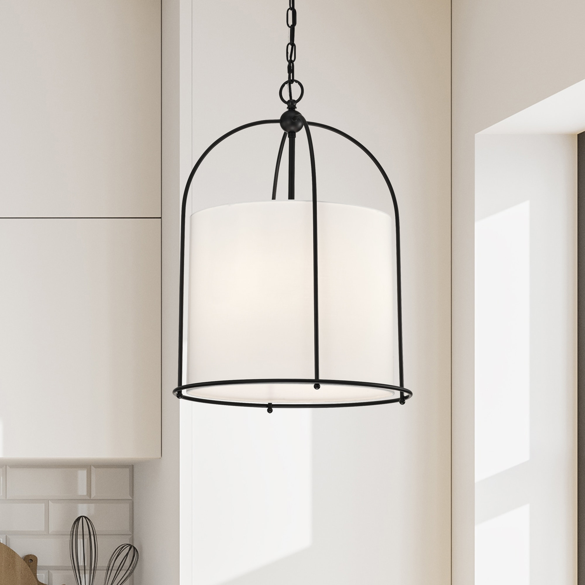Matte Black Finish 3-Light 18 in. Cage Chandelier with White Fabric Shade