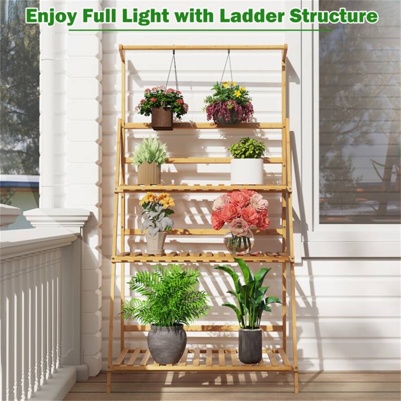 Natural Wicker Plant Stand with 3-Tier Ladder Shelves and Adjustable Hanging Rod for Indoor Plants - 28" x 16" x 47-56"