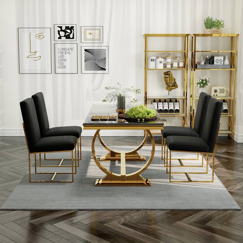 White and Gold Dining Room Table Set with 72 inch Table and White PU Leather Dining Chairs