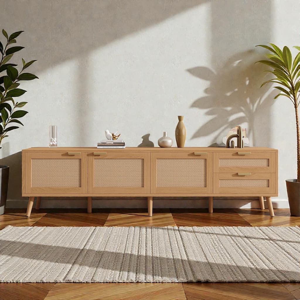70" Rattan TV Stand for TVs up to 80", Modern Media Console with 2 Drawers, Storage Cabinets & Cable Holes, Solid Wood Legs
