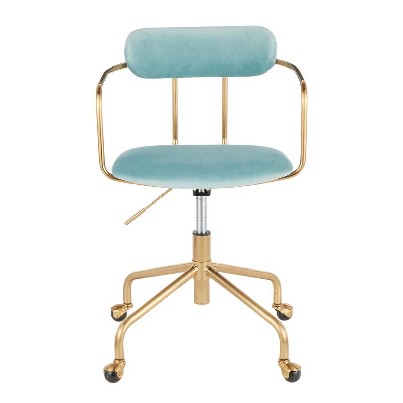 Modern Light Blue Velvet Office Chair with Sleek Gold Frame, Cushioned Seat, and Swivel Base for Home or Office Use