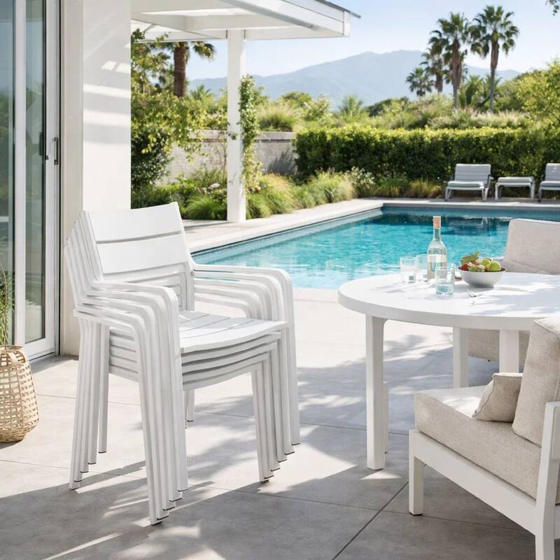 Meta 22 Inch 6 Piece Dining Chair Set, White Aluminum Frame, Stackable