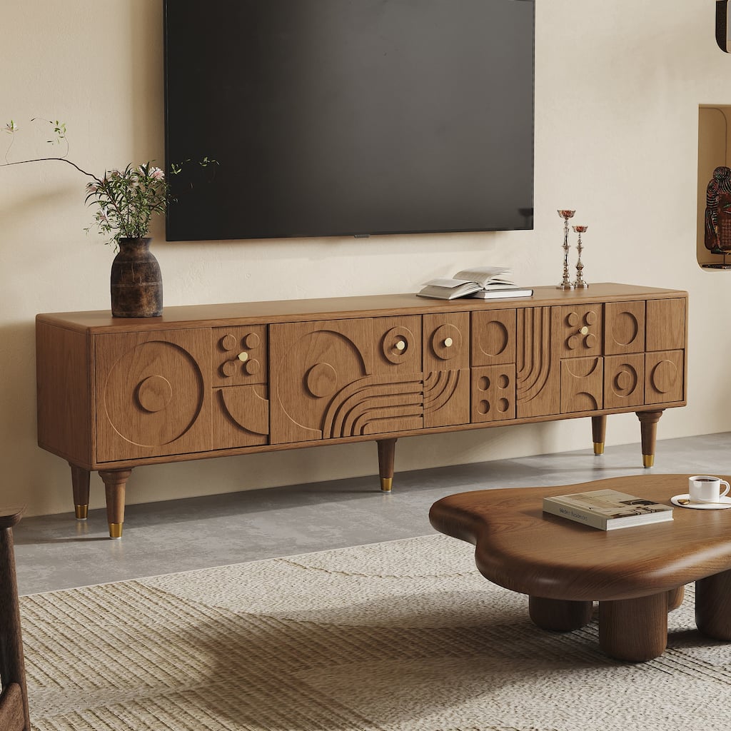 78.74" Mid-Century Modern TV Stands, Wood Media Console with Cabinets, Tall-Cast Legs